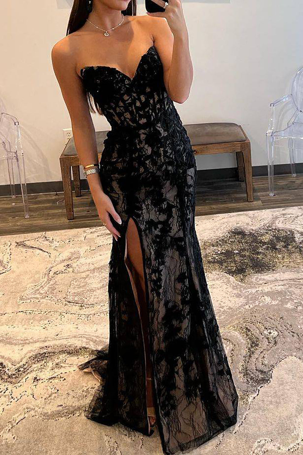 Vestido de fiesta Weitese de sirena con escote corazón y corsé negro con apliques